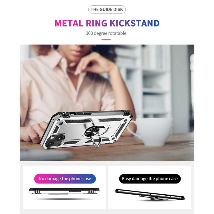 For iPhone 14 Plus 6.7 inch Ring Kickstand Hybrid TPU + PC Case Anti-drop Phone Cover with Car Mount Metal Sheet - Silver