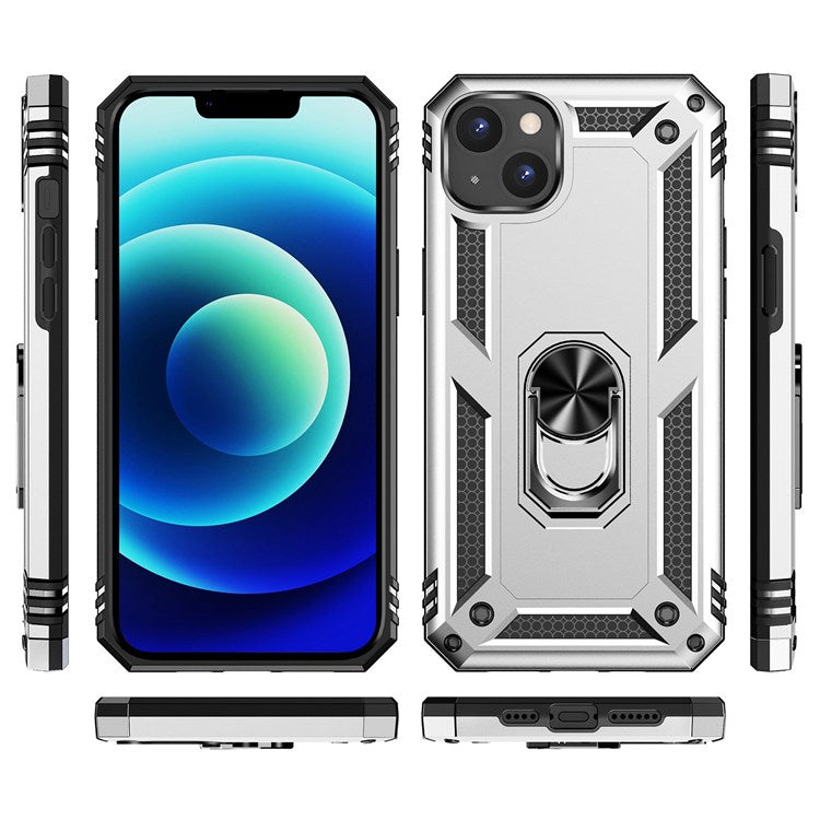 For iPhone 14 Plus 6.7 inch Ring Kickstand Hybrid TPU + PC Case Anti-drop Phone Cover with Car Mount Metal Sheet - Silver
