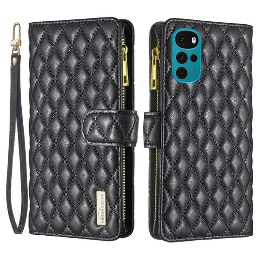 BINFEN COLOR BF Style-15 Phone Wallet Case for Motorola Moto G22 4G, Wear-resistant Matte PU Leather Cover Zipper Pocket Stand with Imprinted Rhombus Pattern - Black