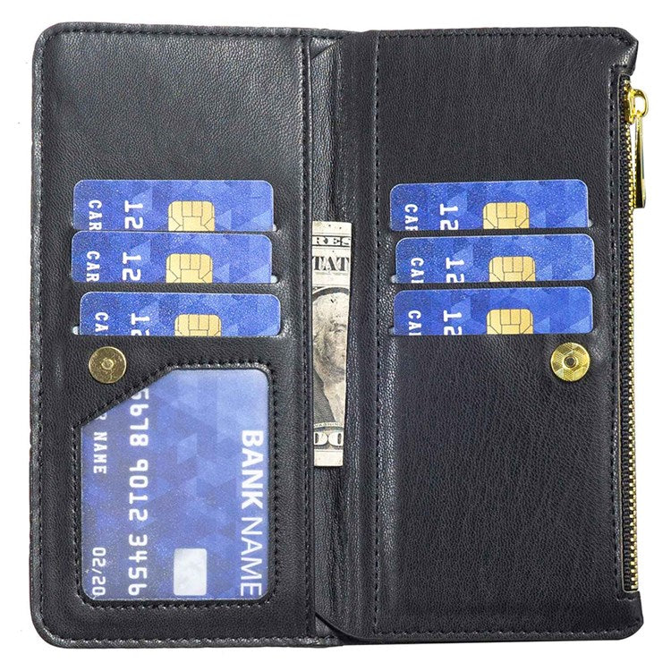 BINFEN COLOR BF Style-15 Phone Wallet Case for Motorola Moto G22 4G, Wear-resistant Matte PU Leather Cover Zipper Pocket Stand with Imprinted Rhombus Pattern - Black