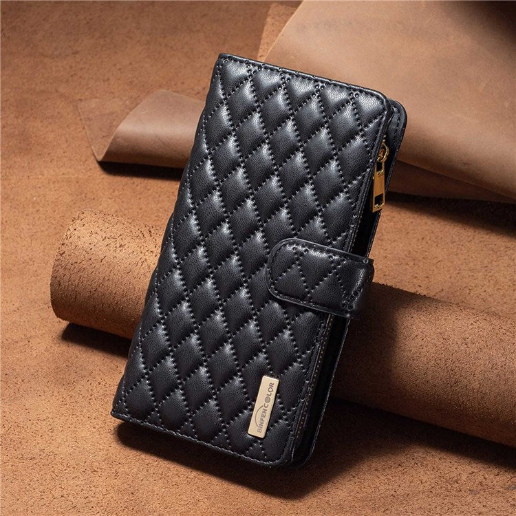 BINFEN COLOR BF Style-15 Phone Wallet Case for Motorola Moto G22 4G, Wear-resistant Matte PU Leather Cover Zipper Pocket Stand with Imprinted Rhombus Pattern - Black