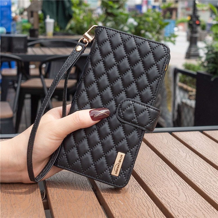 BINFEN COLOR BF Style-15 Phone Wallet Case for Motorola Moto G22 4G, Wear-resistant Matte PU Leather Cover Zipper Pocket Stand with Imprinted Rhombus Pattern - Black