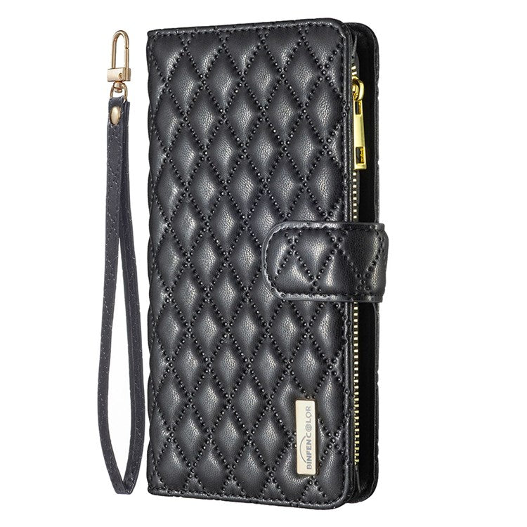 BINFEN COLOR BF Style-15 Phone Wallet Case for Motorola Moto G22 4G, Wear-resistant Matte PU Leather Cover Zipper Pocket Stand with Imprinted Rhombus Pattern - Black