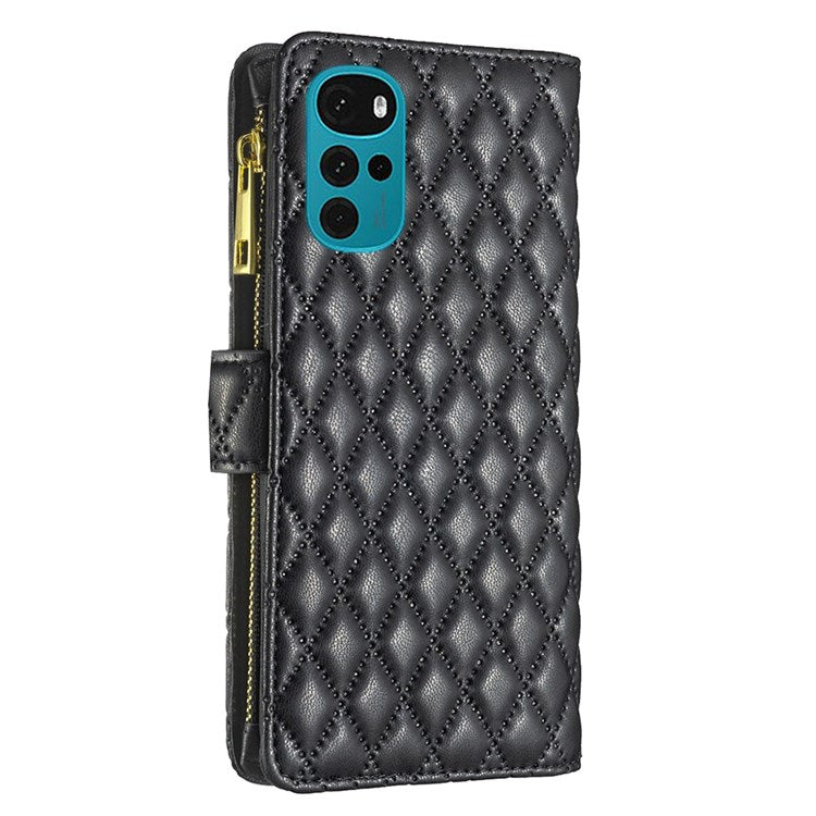 BINFEN COLOR BF Style-15 Phone Wallet Case for Motorola Moto G22 4G, Wear-resistant Matte PU Leather Cover Zipper Pocket Stand with Imprinted Rhombus Pattern - Black