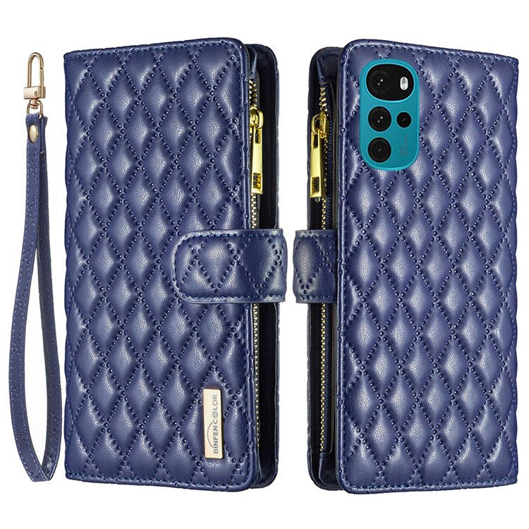 BINFEN COLOR BF Style-15 Phone Wallet Case for Motorola Moto G22 4G, Wear-resistant Matte PU Leather Cover Zipper Pocket Stand with Imprinted Rhombus Pattern - Blue
