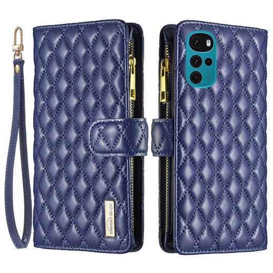 BINFEN COLOR BF Style-15 Phone Wallet Case for Motorola Moto G22 4G, Wear-resistant Matte PU Leather Cover Zipper Pocket Stand with Imprinted Rhombus Pattern - Blue