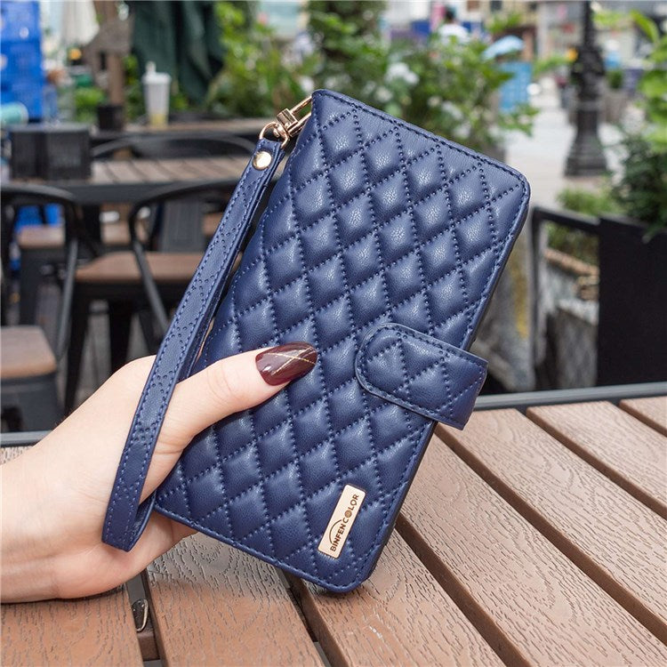BINFEN COLOR BF Style-15 Phone Wallet Case for Motorola Moto G22 4G, Wear-resistant Matte PU Leather Cover Zipper Pocket Stand with Imprinted Rhombus Pattern - Blue