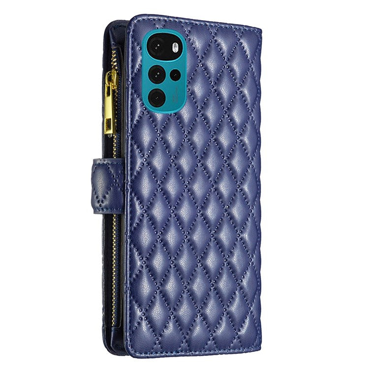BINFEN COLOR BF Style-15 Phone Wallet Case for Motorola Moto G22 4G, Wear-resistant Matte PU Leather Cover Zipper Pocket Stand with Imprinted Rhombus Pattern - Blue