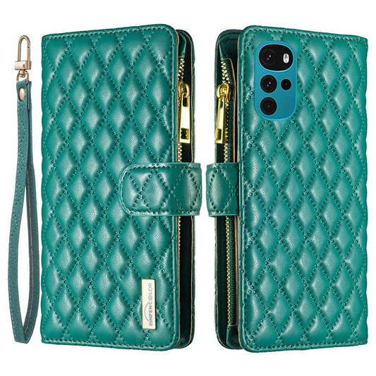 BINFEN COLOR BF Style-15 Phone Wallet Case for Motorola Moto G22 4G, Wear-resistant Matte PU Leather Cover Zipper Pocket Stand with Imprinted Rhombus Pattern - Green