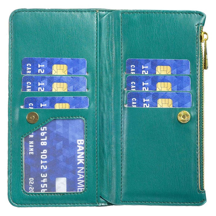 BINFEN COLOR BF Style-15 Phone Wallet Case for Motorola Moto G22 4G, Wear-resistant Matte PU Leather Cover Zipper Pocket Stand with Imprinted Rhombus Pattern - Green