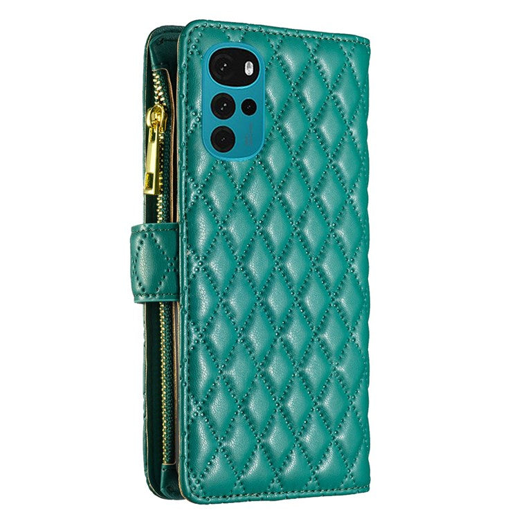 BINFEN COLOR BF Style-15 Phone Wallet Case for Motorola Moto G22 4G, Wear-resistant Matte PU Leather Cover Zipper Pocket Stand with Imprinted Rhombus Pattern - Green