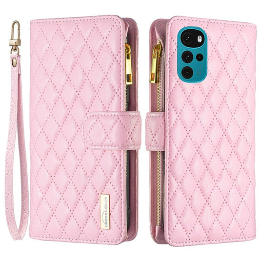 BINFEN COLOR BF Style-15 Phone Wallet Case for Motorola Moto G22 4G, Wear-resistant Matte PU Leather Cover Zipper Pocket Stand with Imprinted Rhombus Pattern - Pink