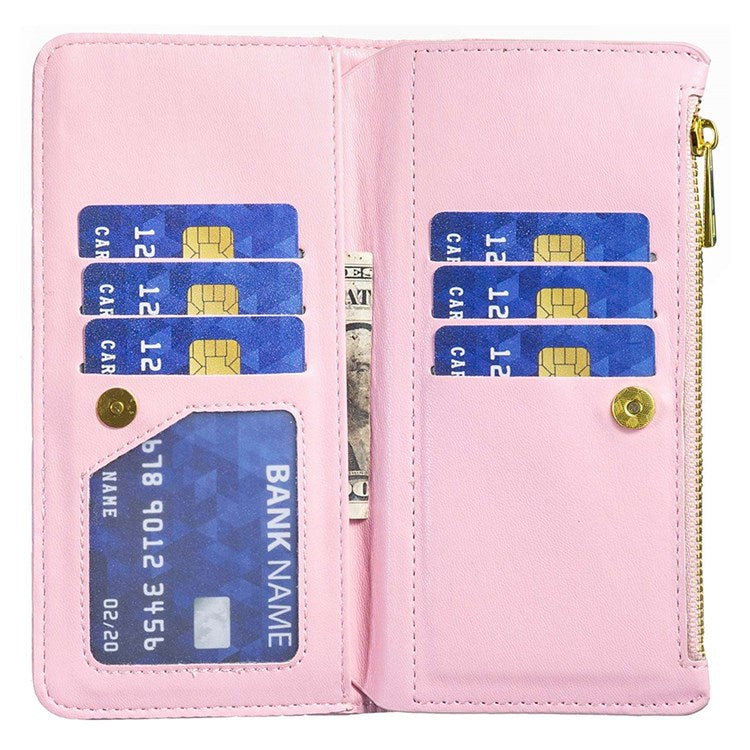 BINFEN COLOR BF Style-15 Phone Wallet Case for Motorola Moto G22 4G, Wear-resistant Matte PU Leather Cover Zipper Pocket Stand with Imprinted Rhombus Pattern - Pink