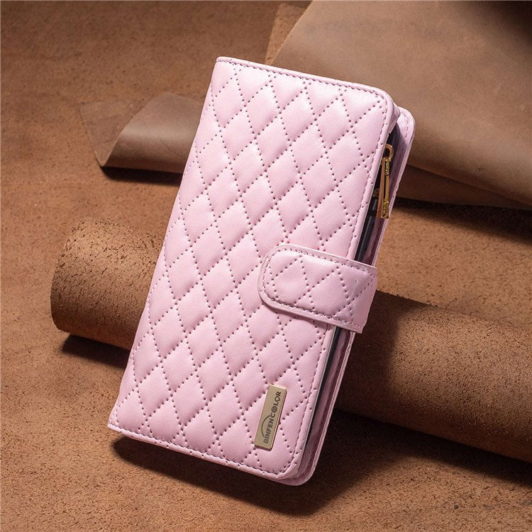 BINFEN COLOR BF Style-15 Phone Wallet Case for Motorola Moto G22 4G, Wear-resistant Matte PU Leather Cover Zipper Pocket Stand with Imprinted Rhombus Pattern - Pink