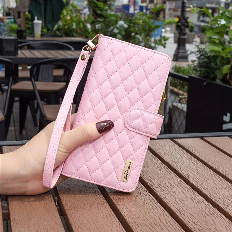 BINFEN COLOR BF Style-15 Phone Wallet Case for Motorola Moto G22 4G, Wear-resistant Matte PU Leather Cover Zipper Pocket Stand with Imprinted Rhombus Pattern - Pink