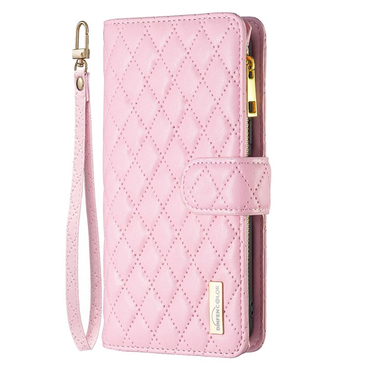 BINFEN COLOR BF Style-15 Phone Wallet Case for Motorola Moto G22 4G, Wear-resistant Matte PU Leather Cover Zipper Pocket Stand with Imprinted Rhombus Pattern - Pink