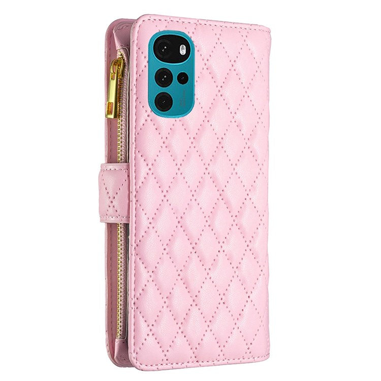 BINFEN COLOR BF Style-15 Phone Wallet Case for Motorola Moto G22 4G, Wear-resistant Matte PU Leather Cover Zipper Pocket Stand with Imprinted Rhombus Pattern - Pink