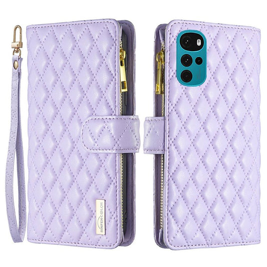 BINFEN COLOR BF Style-15 Phone Wallet Case for Motorola Moto G22 4G, Wear-resistant Matte PU Leather Cover Zipper Pocket Stand with Imprinted Rhombus Pattern - Purple