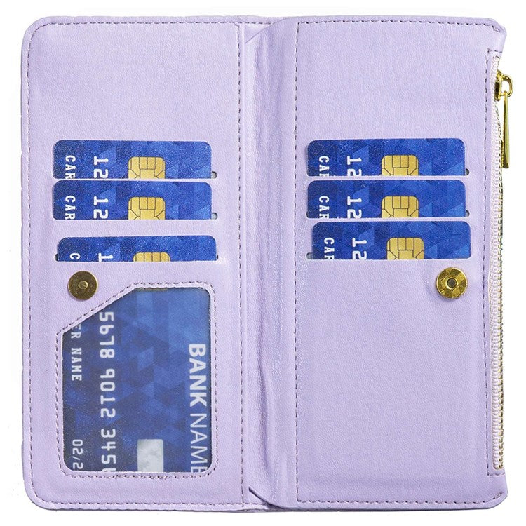 BINFEN COLOR BF Style-15 Phone Wallet Case for Motorola Moto G22 4G, Wear-resistant Matte PU Leather Cover Zipper Pocket Stand with Imprinted Rhombus Pattern - Purple