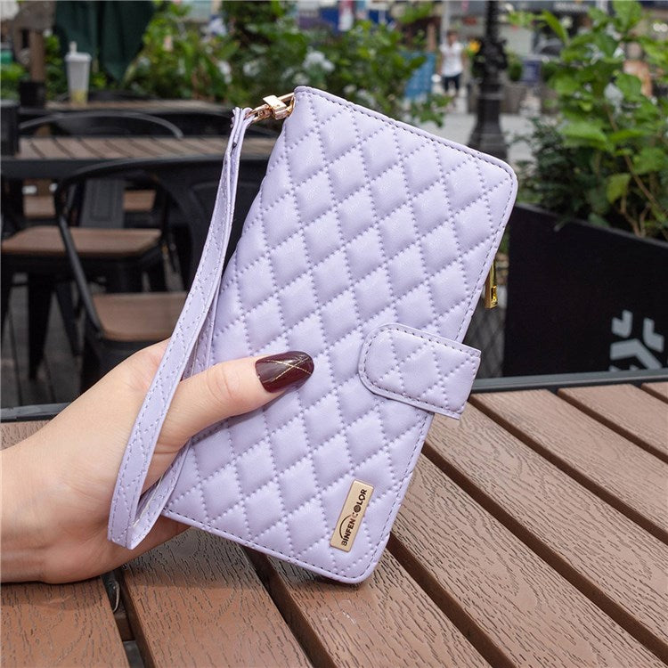 BINFEN COLOR BF Style-15 Phone Wallet Case for Motorola Moto G22 4G, Wear-resistant Matte PU Leather Cover Zipper Pocket Stand with Imprinted Rhombus Pattern - Purple