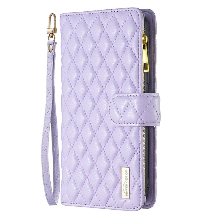 BINFEN COLOR BF Style-15 Phone Wallet Case for Motorola Moto G22 4G, Wear-resistant Matte PU Leather Cover Zipper Pocket Stand with Imprinted Rhombus Pattern - Purple