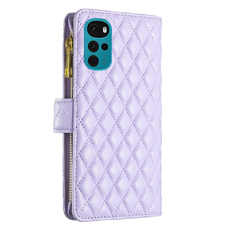 BINFEN COLOR BF Style-15 Phone Wallet Case for Motorola Moto G22 4G, Wear-resistant Matte PU Leather Cover Zipper Pocket Stand with Imprinted Rhombus Pattern - Purple