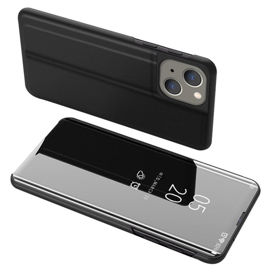 For iPhone 14 6.1 inch PU Leather Supporting Stand Phone Case View Window Electroplate Mirror Surface Phone Anti-scratch Cover - Black