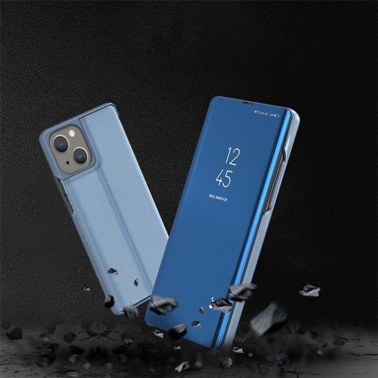 For iPhone 14 6.1 inch PU Leather Supporting Stand Phone Case View Window Electroplate Mirror Surface Phone Anti-scratch Cover - Black
