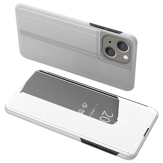 For iPhone 14 Plus 6.7 inch Electroplate Mirror Surface PU Leather Phone Case View Window Anti-drop Stand Cover - Silver