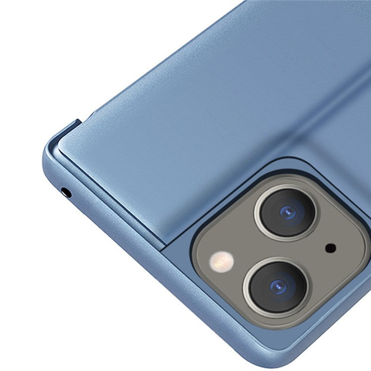 For iPhone 14 Plus 6.7 inch Electroplate Mirror Surface PU Leather Phone Case View Window Anti-drop Stand Cover - Silver