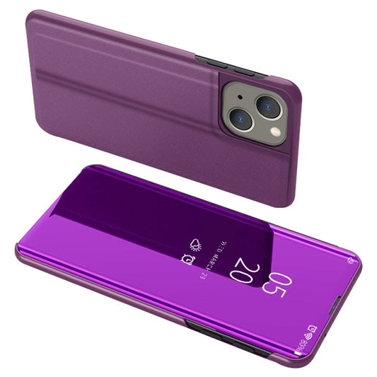 For iPhone 14 Plus 6.7 inch Electroplate Mirror Surface PU Leather Phone Case View Window Anti-drop Stand Cover - Purple