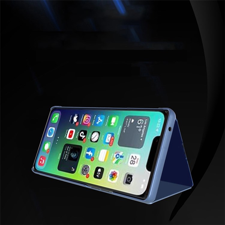 For iPhone 14 Plus 6.7 inch Electroplate Mirror Surface PU Leather Phone Case View Window Anti-drop Stand Cover - Purple