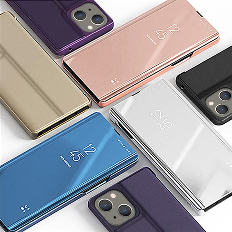 For iPhone 14 Plus 6.7 inch Electroplate Mirror Surface PU Leather Phone Case View Window Anti-drop Stand Cover - Purple