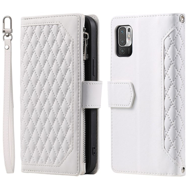 005 Style for Xiaomi Poco M3 Pro 4G / 5G / Redmi Note 10T 5G / Note 10 5G Rhombus Texture Wallet Stand Leather Phone Case with Zipper Pocket and Wrist Strap - White