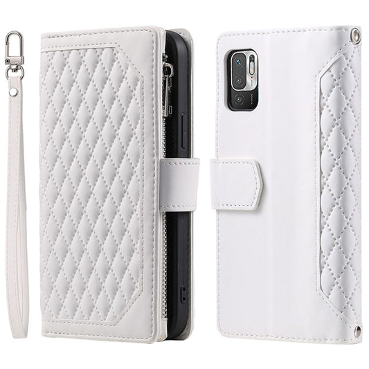 005 Style for Xiaomi Poco M3 Pro 4G / 5G / Redmi Note 10T 5G / Note 10 5G Rhombus Texture Wallet Stand Leather Phone Case with Zipper Pocket and Wrist Strap - White