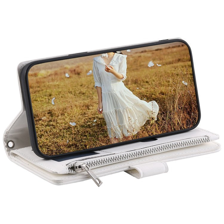005 Style for Xiaomi Poco M3 Pro 4G / 5G / Redmi Note 10T 5G / Note 10 5G Rhombus Texture Wallet Stand Leather Phone Case with Zipper Pocket and Wrist Strap - White