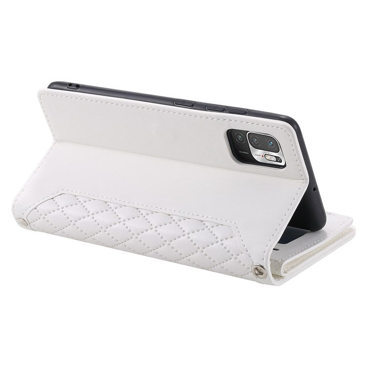 005 Style for Xiaomi Poco M3 Pro 4G / 5G / Redmi Note 10T 5G / Note 10 5G Rhombus Texture Wallet Stand Leather Phone Case with Zipper Pocket and Wrist Strap - White