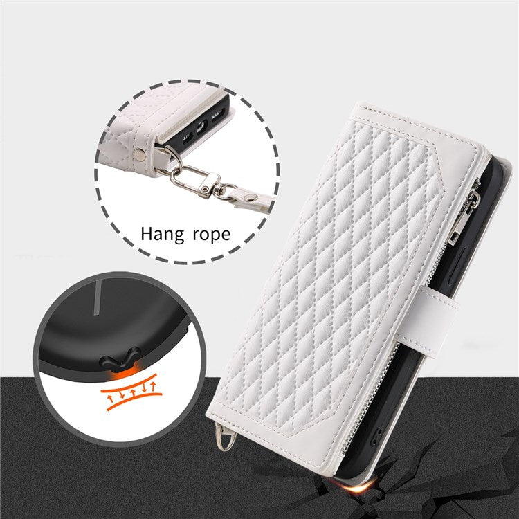 005 Style for Xiaomi Poco M3 Pro 4G / 5G / Redmi Note 10T 5G / Note 10 5G Rhombus Texture Wallet Stand Leather Phone Case with Zipper Pocket and Wrist Strap - White
