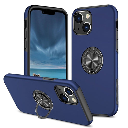 For iPhone 14 Plus 6.7 inch Hard PC+Soft TPU Hybrid Case Ring Car Mount Kickstand Protective Phone Cover - Blue