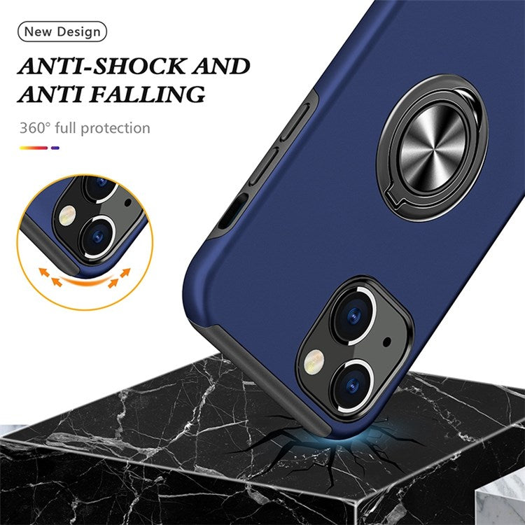 For iPhone 14 Plus 6.7 inch Hard PC+Soft TPU Hybrid Case Ring Car Mount Kickstand Protective Phone Cover - Blue