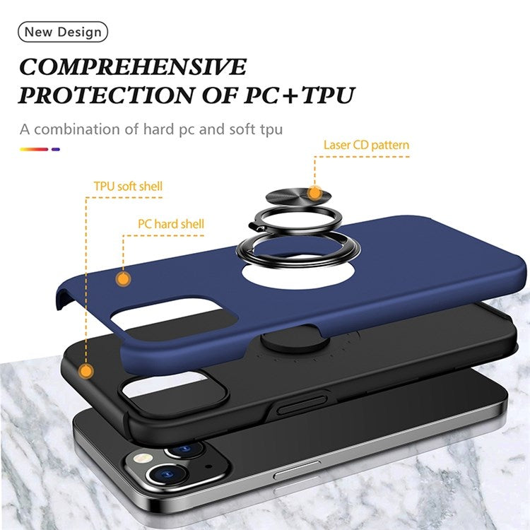 For iPhone 14 Plus 6.7 inch Hard PC+Soft TPU Hybrid Case Ring Car Mount Kickstand Protective Phone Cover - Blue