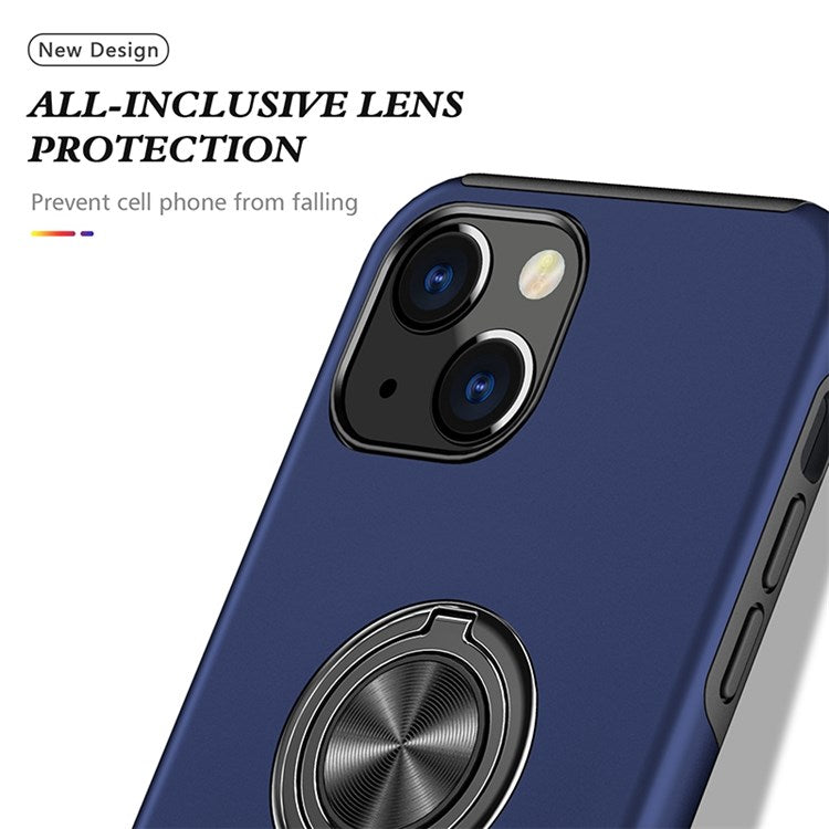 For iPhone 14 Plus 6.7 inch Hard PC+Soft TPU Hybrid Case Ring Car Mount Kickstand Protective Phone Cover - Blue