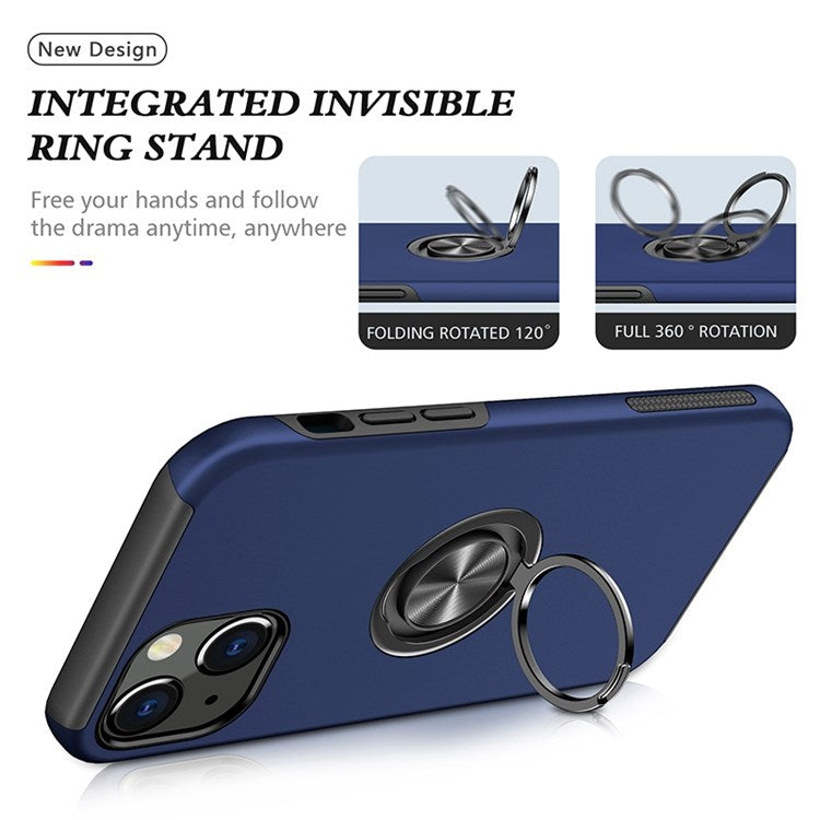 For iPhone 14 Plus 6.7 inch Hard PC+Soft TPU Hybrid Case Ring Car Mount Kickstand Protective Phone Cover - Blue