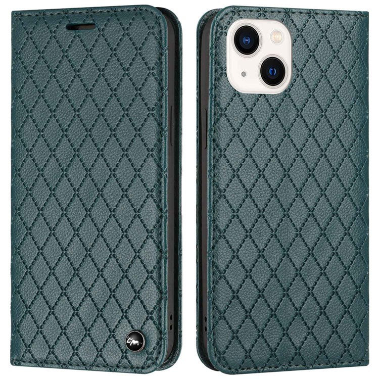 For iPhone 14 6.1 inch Drop-proof Phone Cover Stand Rhombus Pattern Litchi Texture Auto-absorbed RFID Blocking Wallet Case - Green