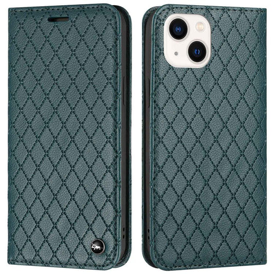 For iPhone 14 6.1 inch Drop-proof Phone Cover Stand Rhombus Pattern Litchi Texture Auto-absorbed RFID Blocking Wallet Case - Green