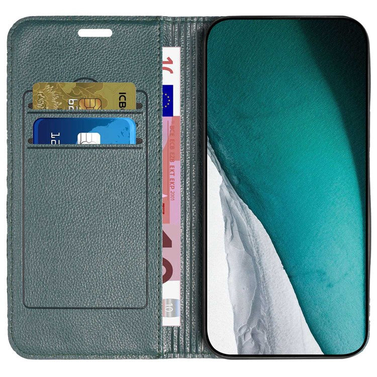 For iPhone 14 6.1 inch Drop-proof Phone Cover Stand Rhombus Pattern Litchi Texture Auto-absorbed RFID Blocking Wallet Case - Green