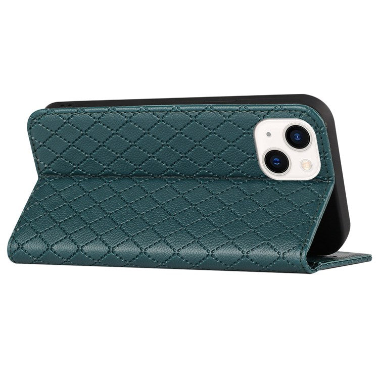 For iPhone 14 6.1 inch Drop-proof Phone Cover Stand Rhombus Pattern Litchi Texture Auto-absorbed RFID Blocking Wallet Case - Green