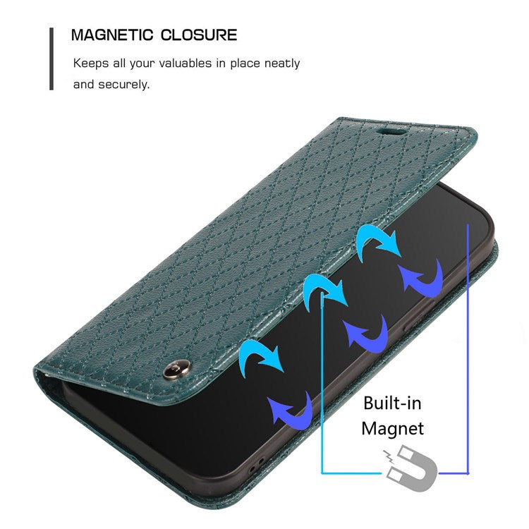 For iPhone 14 6.1 inch Drop-proof Phone Cover Stand Rhombus Pattern Litchi Texture Auto-absorbed RFID Blocking Wallet Case - Green