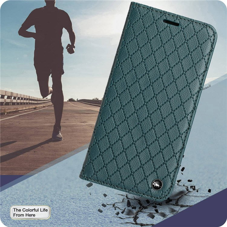 For iPhone 14 6.1 inch Drop-proof Phone Cover Stand Rhombus Pattern Litchi Texture Auto-absorbed RFID Blocking Wallet Case - Green