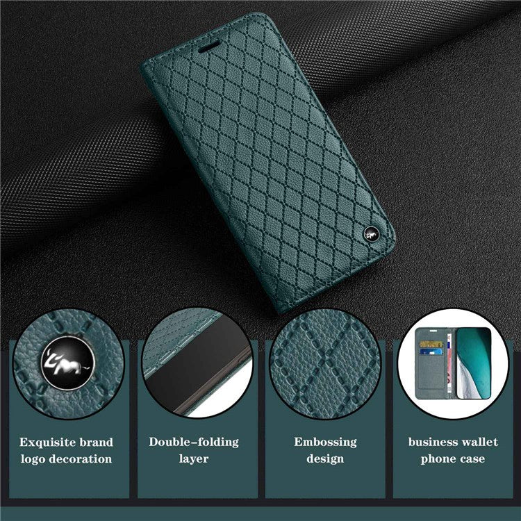 For iPhone 14 6.1 inch Drop-proof Phone Cover Stand Rhombus Pattern Litchi Texture Auto-absorbed RFID Blocking Wallet Case - Green